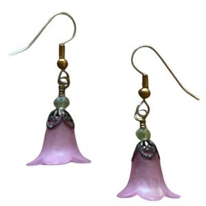 Handmade Dangle purple lucite bellflower earrings green crystal beads Fairycore